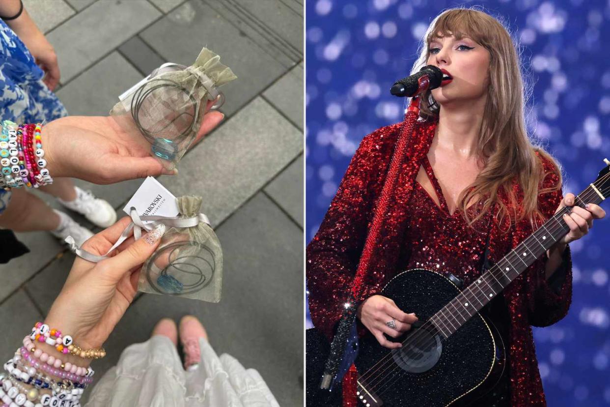 <p>@afterglowalycia; Aldara Zarraoa/Getty</p> Swarovski necklaces; Taylor Swift