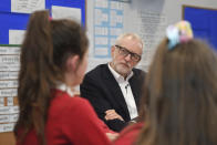 Britain's Labour Party leader Jeremy Corbyn visits Sandylands Community Primary School in Morecambe, north England, Tuesday Dec. 10, 2019, ahead of the general election on Dec. 12. (Joe Giddens/PA via AP)