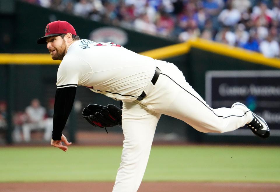 Arizona Diamondbacks starting pitcher Jordan Montgomery (52) throws to the Los Angeles Dodgers in the first inning at Chase Field in Phoenix on May 1, 2024.