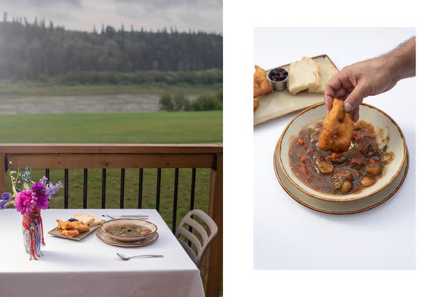 <p>Amber Bracken</p> From left: Bison stew and bannock bread on the porch, with the North Saskatchewan River in the background; the stew and bread showcase traditional flavors at Métis Crossing.