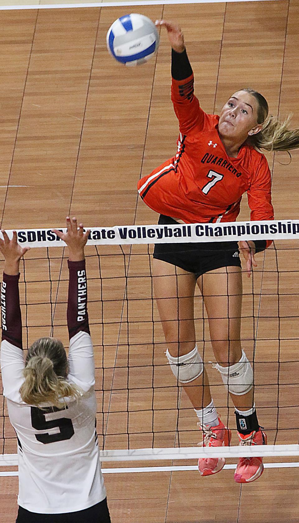 Dell Rapids' Madelynn Henry spikes the ball against Platte-Geddes' Baleigh Nachtigal during a Class A first-round match in the state high school volleyball tournament on Thursday, Nov. 16, 2023 in the Summit Arena at The Monument in Rapid City.