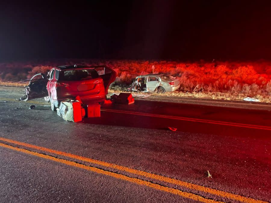 One person is dead and two others are in the hospital with life-threatening injuries after a head-on collision Tuesday on SR-191 near Moab. (Courtesy of Utah Highway Patrol)