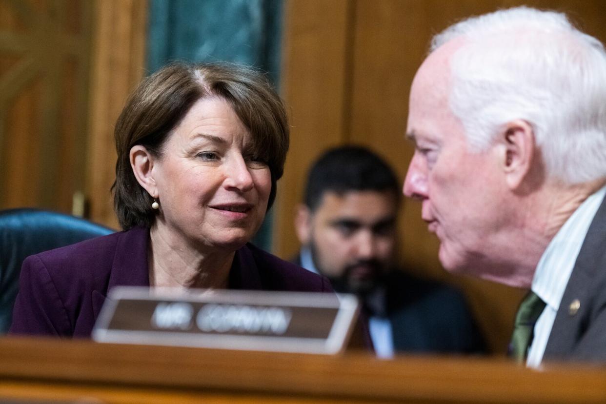 Sens. Amy Klobuchar, D-Minn., and John Cornyn, R-Texas, attend the Senate Judiciary Committee hearing titled "Protecting America's Children From Gun Violence," in Dirksen Building on Wednesday, June 15, 2022.