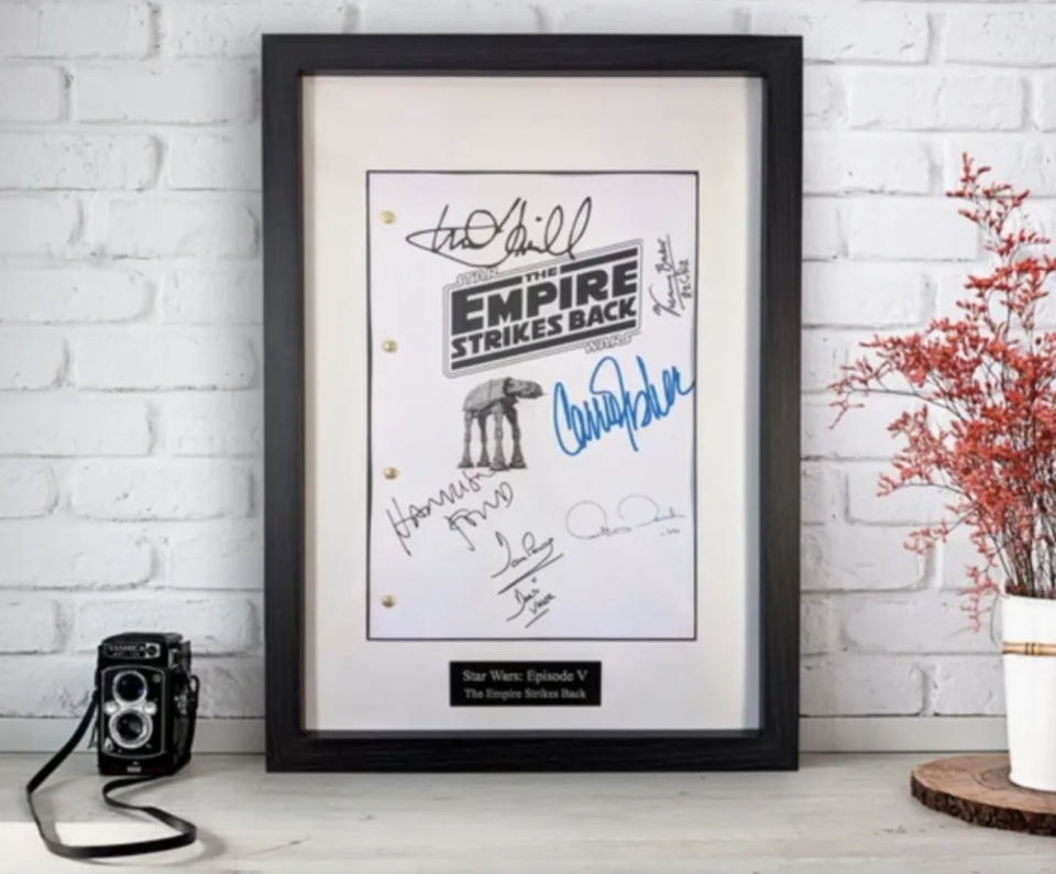 Grey's Anatomy TV Script Screenplay Reprint, empire's strikes back script in black frame on white brick wall (Photo via Etsy)