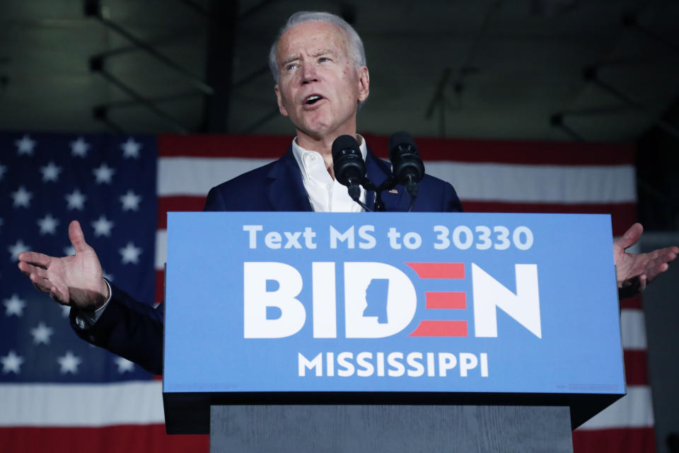 Democratic presidential candidate and former Vice President Joe Biden speaks at Tougaloo College in Tougaloo, Miss., Sunday, March 8, 2020. (AP Photo/Rogelio V. Solis)