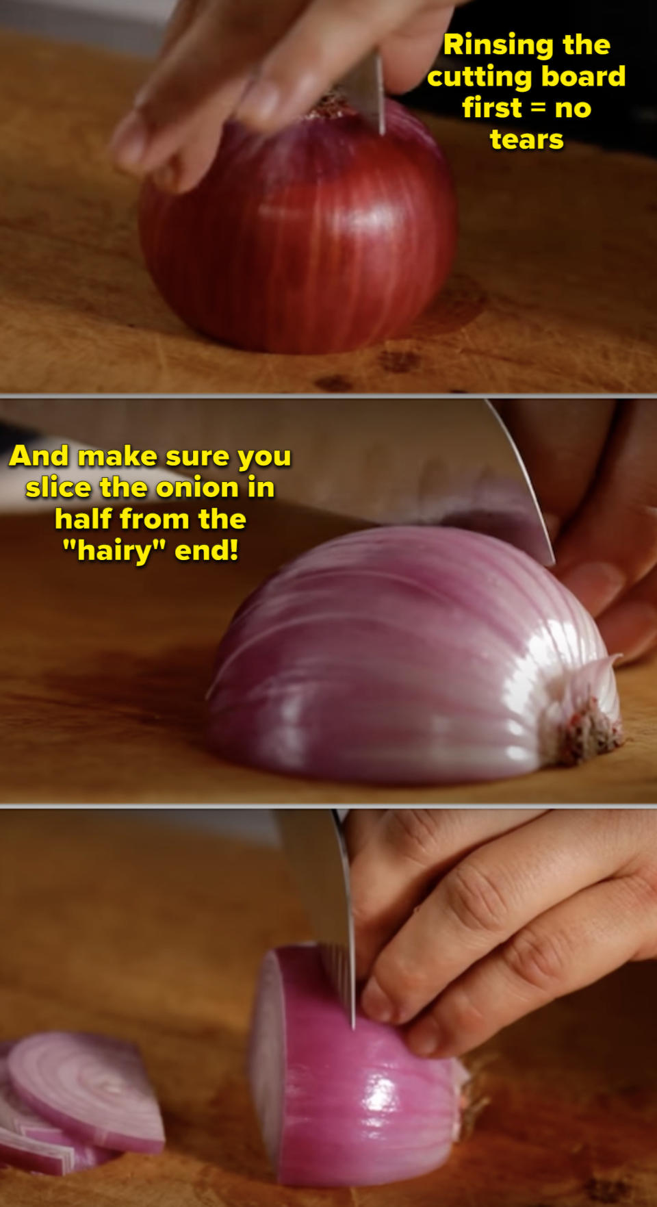 Someone cutting an onion with recommendation to rinse the cutting board first and cut in half from the "hairy" end
