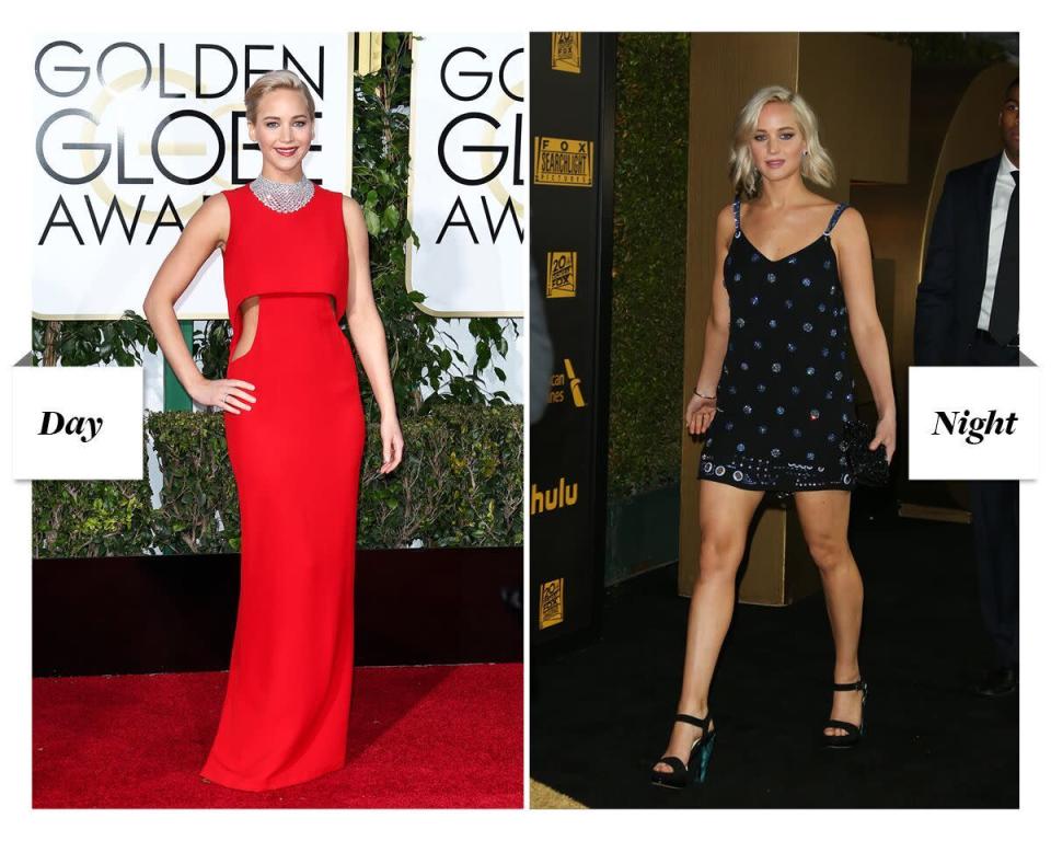 Jennifer Lawrence attends the 2016 Golden Globes and after-party.