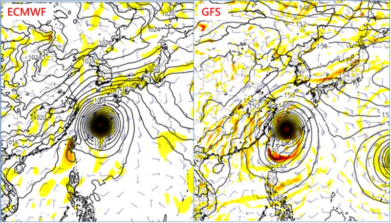 歐洲模式（左）顯示颱風位置大約在琉球附近海面；同時的美國模式（右）預測其位置大致類似、但距台灣較近。（取自）