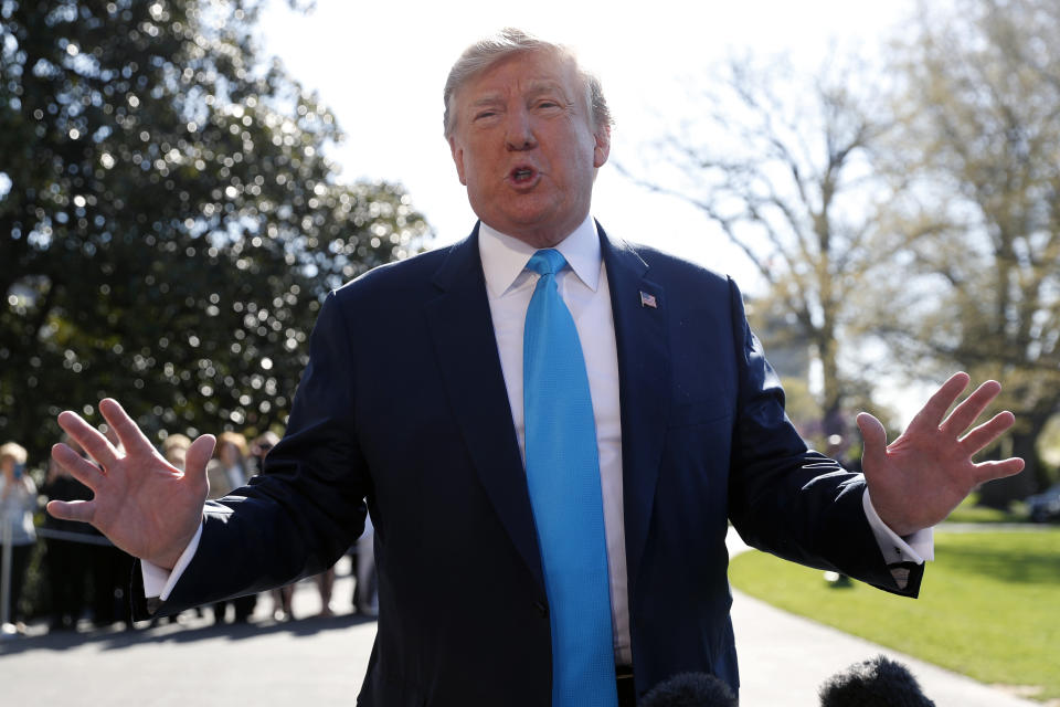 President Trump speaks to members of the media on the South Lawn of the White House before boarding Marine One helicopter, April 10, 2019. (AP Photo/Pablo Martinez Monsivais)