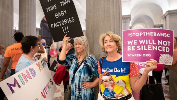 PHOTO: Abortion-rights activists wait for state lawmakers to arrive before a Senate vote on a ban on abortion after six weeks of pregnancy at the South Carolina Statehouse on May 23, 2023 in Columbia, S.C. (Sean Rayford/Getty Images)