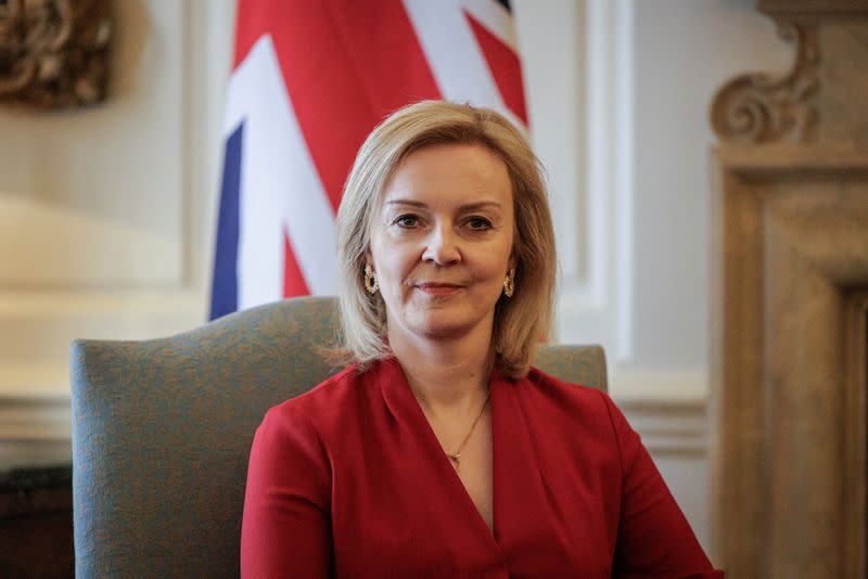 FILE PHOTO: British Foreign Secretary Liz Truss looks on during a meeting with European Commission Vice-President for Interinstitutional Relations Maros Sefcovic (not seen) in London