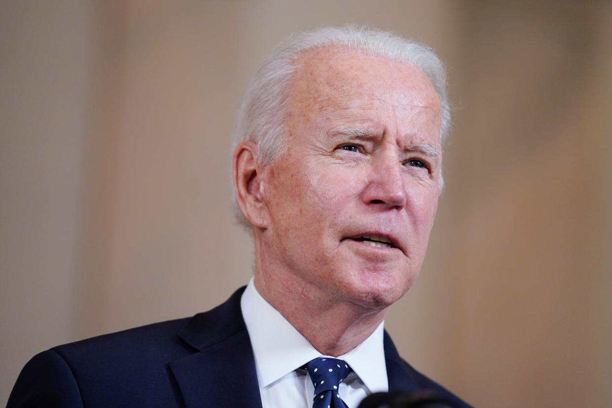 President Joe Biden speaks Tuesday, April 20, 2021, at the White House in Washington, after former Minneapolis police Officer Derek Chauvin was convicted of murder and manslaughter in the death of George Floyd. 