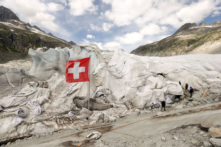 White canvas covers protect parts of the Rhone glacier against melting as visitors enter an ice cave near the Furka mountain pass at 2429 metres (7969 ft) altitude in the Swiss Alps, Switzerland August 6, 2015. Switzerland's national flag is pictured in the foreground. REUTERS/Arnd Wiegmann/File Photo