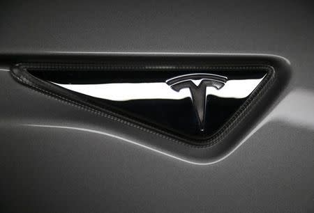 The logo is seen on a new all-wheel-drive version of the Tesla Model S car in Hawthorne, California October 9, 2014. REUTERS/Lucy Nicholson