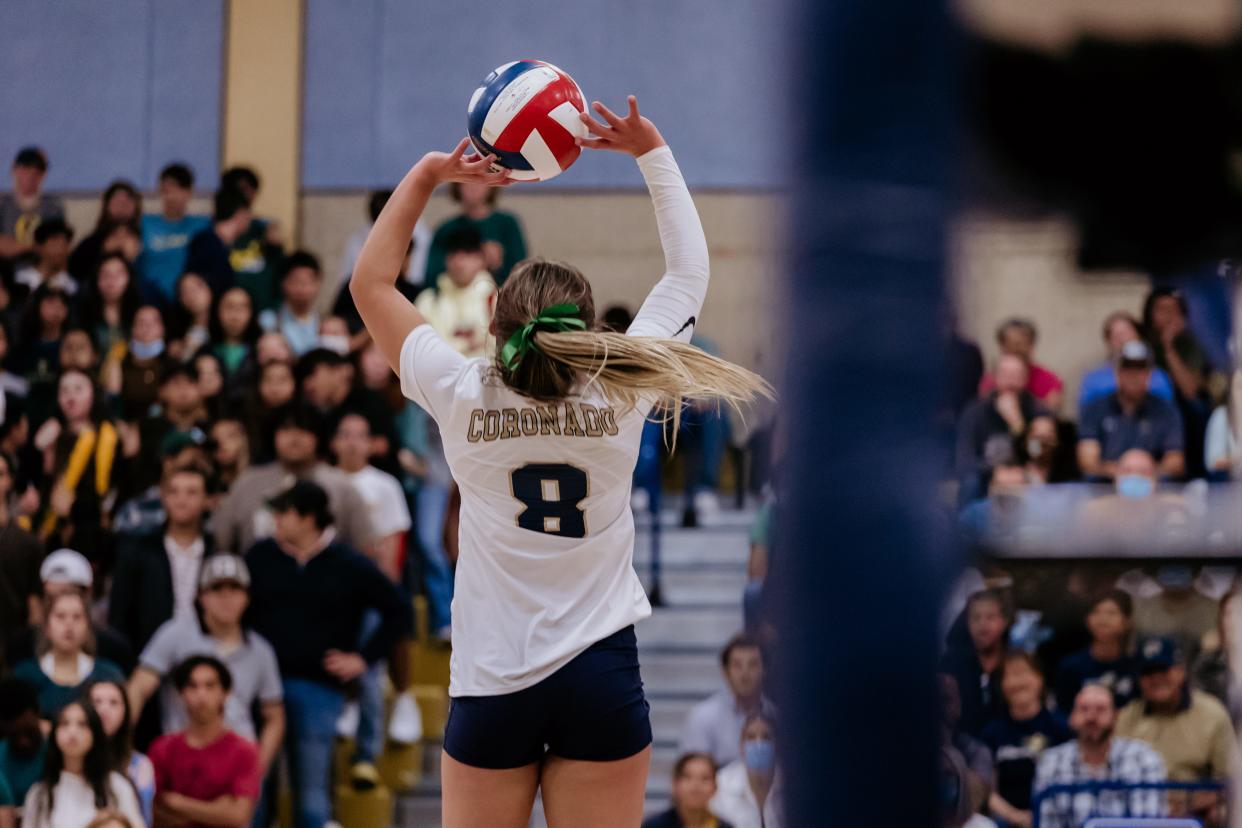 Coronado's Caroline Mann ​(8) at a high school volleyball game against Franklin High School Tuesday, Oct. 12, 2021, at Coronado High School in El Paso, TX.