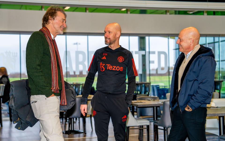 Sir Jim Ratcliffe and Sir Dave Brailsford of INEOS meet Manchester United Manager Erik ten Hag in the staff restaurant of the Carrington Training Complex on January 4, 2024 in Manchester,