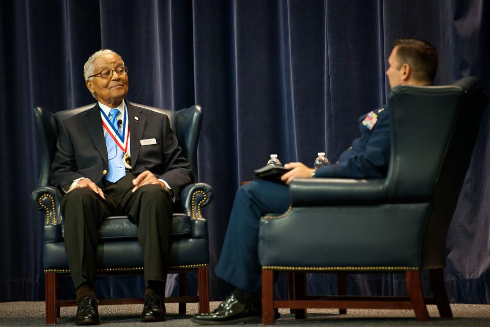 Brig. Gen. Charles E. McGee, retired, is interviewed by ACSC Student, Maj Daniel Thompson during the 2013 Gather of Eagles at the Air Command and Staff College Thursday 6 May 2013.