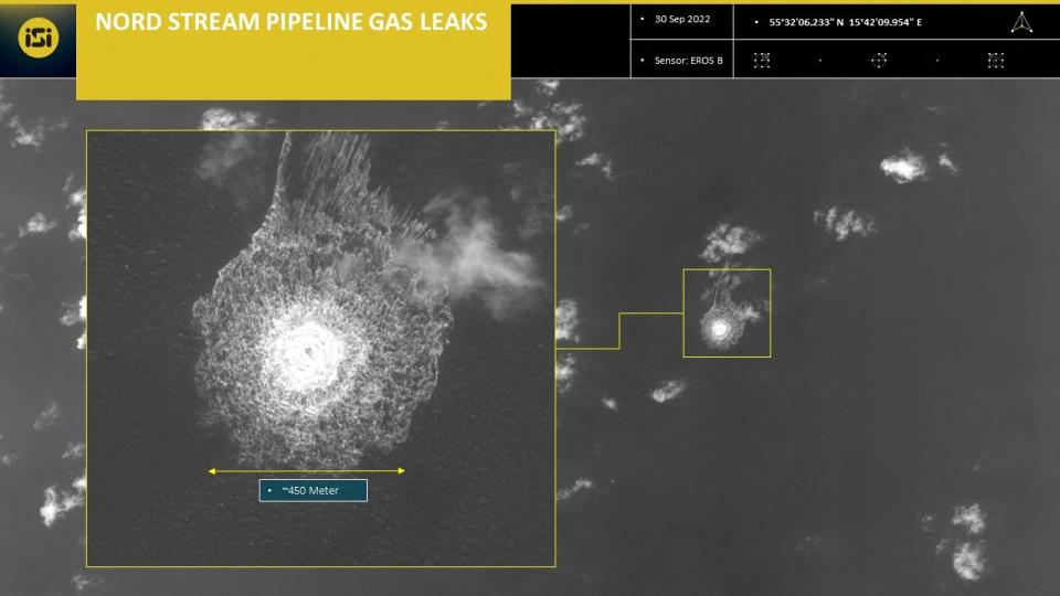 A handout picture released by ImageSat International (ISI) on 30 September 2022, shows an image from an intelligence report depicting a release of gas emanating from a leak on the Nord Stream 1 gas pipeline, in the Swedish economic zone in the Baltic Sea (ImageSat International (ISI)/AFP)