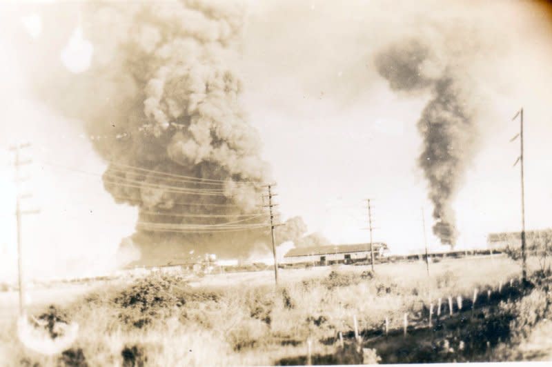 Smoke is seen from a distance from the Texas City, Texas, blast on April 16, 1947, that left nearly 600 people dead. File Photo by Judge Alfred S. Gerson/Wikimedia