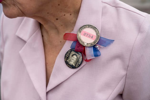 Kaptur wore two badges that belonged to her parents, both union factory workers and first-generation Polish immigrants, on Labor Day in Toledo. (Photo: SARAH RICE for HuffPost)