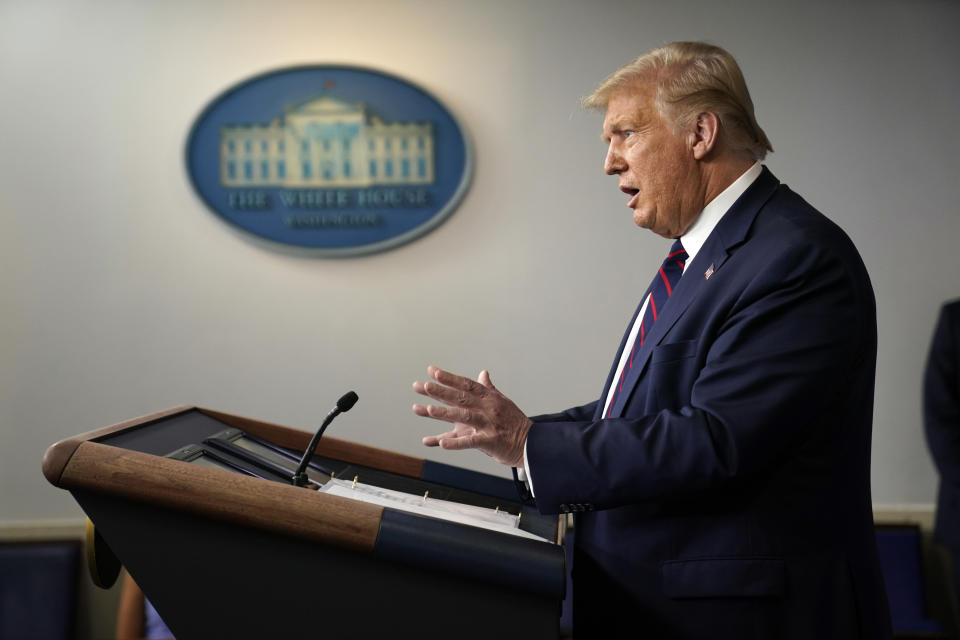 President Donald Trump speaks during a news conference at the White House, Thursday, July 30, 2020, in Washington. (AP Photo/Evan Vucci)