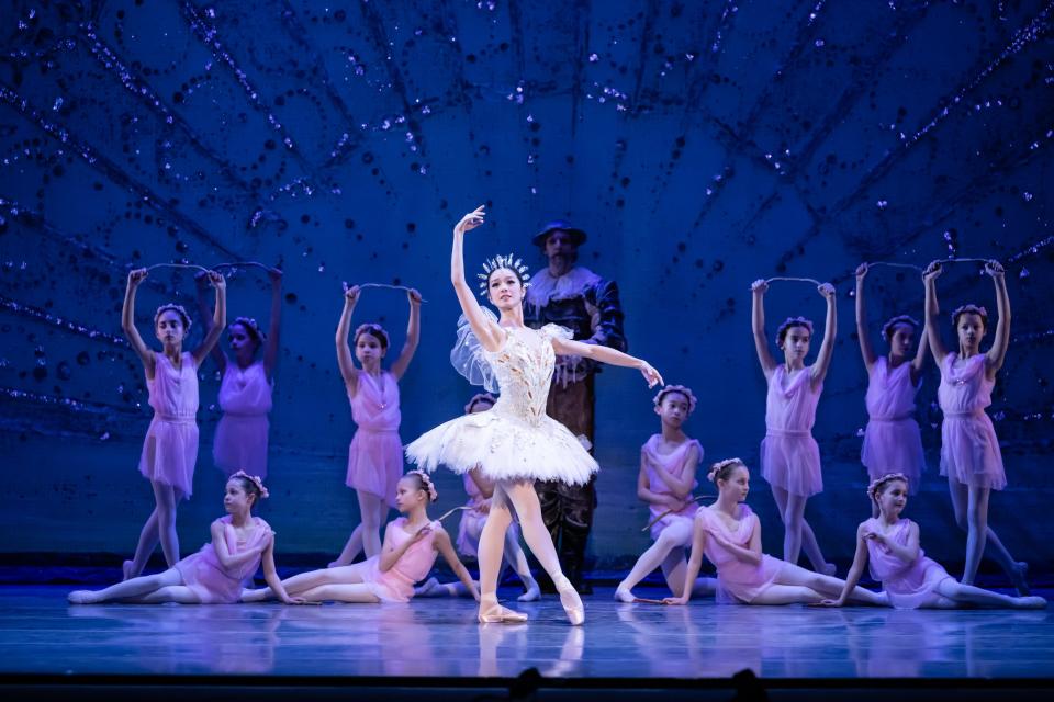 Sirui Liu (foreground) was the Queen of the Dryads in the opening night cast of Cincinnati Ballet’s “Don Quixote.” Standing at the rear of the stage, you can see Luca De-Poli, who danced the ballet’s title role.