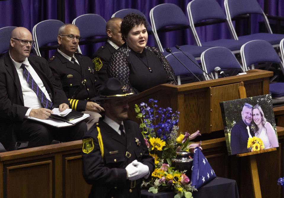 Jessie Seager, niece of Cpl. Steven Lewis, speaks during the memorial service for Lewis and Deputy Jennifer Turner at the Dee Events Center in Ogden on Friday, July 14, 2023. Lewis and Turner were killed in a wrong-way crash near the intersection of South Weber Drive and Canyon Meadows Drive on Monday, July 3. | Laura Seitz, Deseret News