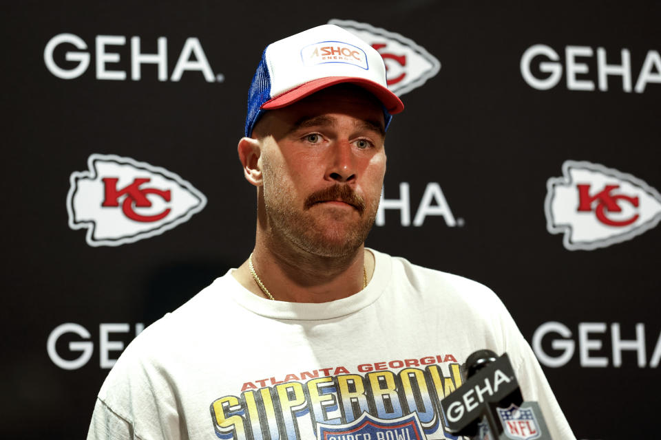 JACKSONVILLE, FL - SEPTEMBER 17: Tight End Travis Kelce #87 of the Kansas City Chiefs talks with the media after the game against the Jacksonville Jaguars at Ever Bank Stadium on September 17, 2023 in Jacksonville, Florida. The Chiefs defeated the Jaguars 17 to 9.(Photo by Don Juan Moore/Getty Images)