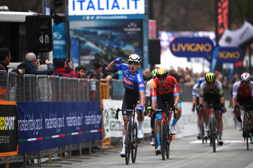 FOLIGNO ITALY  MARCH 08 Jasper Philipsen of Belgium and Team AlpecinDeceuninck celebrates at finish line as stage winner ahead of Phil Bauhaus of Germany and Team Bahrain Victorious during the 58th TirrenoAdriatico 2023 Stage 3 a 216km stage from Follonica to Foligno 231m  UCIWT  TirrenoAdriatico  on March 08 2023 in Foligno Italy Photo by Tim de WaeleGetty Images