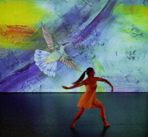 "Immersive Dance, Art and Music Fusion," with paintings by Pam Kirkham, a live dance performance by Carolyn Pampalone Rabbers and original music by Silver Rain, will be presented April 30, 2023, as part of the April 27-30 Art Attack weekend at The Acorn in Three Oaks.