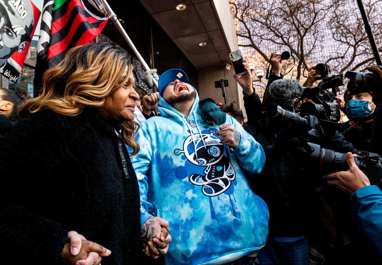 Damik Wright (C), brother of Daunte Wright, reacts after the verdict was read in the trial of Kim Potter on Dec. 23, 2021, in Minneapolis, Minnesota. Former Brooklyn Center police officer Kim Potter was found guilty on two counts of manslaughter in the April 2021 shooting death of Daunte Wright. Potter says she thought she was using her Taser when she shot Wright with her handgun.