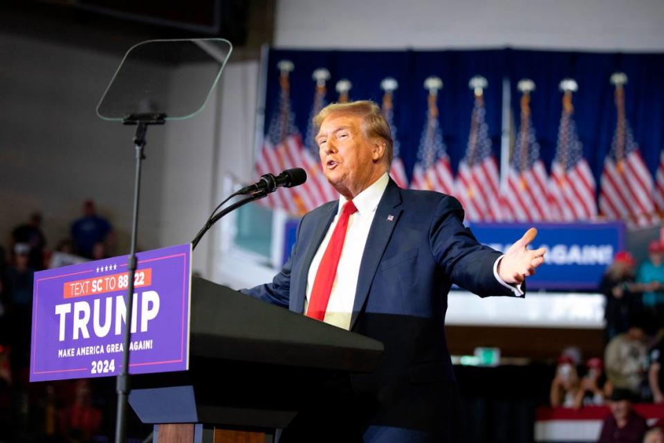 Former U.S. President Donald Trump appeared on Saturday afternoon for a “Get out the Vote” rally at the HTC Center at Coastal Carolina University in Conway, S.C. where he spoke for over and hour and a half. The HTC center held 3,000 supporters but Trump spoke to an “overflow” crowd lined up outside at his arrival. Saturday, February 10, 2024. Feb. 10, 2024.