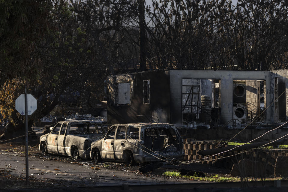 Two burned cars are seen next to a home destroyed in a wildfire in Lahaina, Hawaii, Friday, Aug. 18, 2023. An emergency official who defended a decision to not sound outdoor alert sirens on Maui as a ferocious fire raged has resigned. (AP Photo/Jae C. Hong)