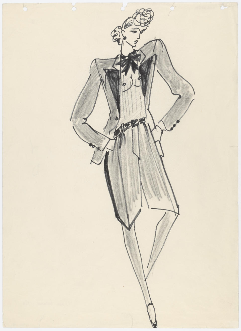 Illustrative sketch of a "smoking" from the spring-summer 1968 haute couture collection created by Yves Saint Laurent in 1983 for the exhibition "Yves Saint Laurent 25 Years of Design" at the Metropolitan Museum of Art in New York. 