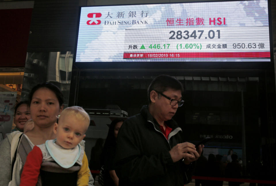 People walk past an electronic board showing Hong Kong share index outside a bank in Hong Kong, Wednesday, Feb. 20, 2019. Shares were mostly higher in Asia on Wednesday after a modestly high finish on Wall Street that extended the market’s gains into a fourth week.(AP Photo/Kin Cheung)