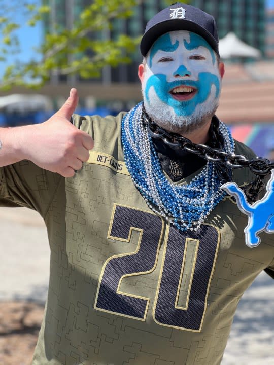 A fan enjoys the NFL Draft Experience in Detroit. (April 25, 2024)