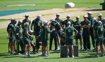 The Australian team gather near the pitch during a final training session in Perth on March 3, 2015