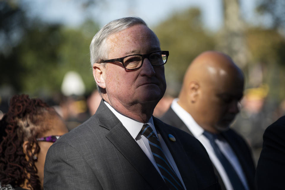 Mayor Jim Kenney attends a viewing for officer Richard Mendez at the Cathedral Basilica of Saints Peter and Paul in Philadelphia, Tuesday, Oct. 24, 2023. Officer Richard Mendez was shot and killed, and a second officer was wounded when they confronted people breaking into a car at Philadelphia International Airport, Oct. 12, police said. (AP Photo/Joe Lamberti)