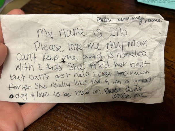 PHOTO: When Lilo was found by a good Samaritan, she had this handwritten note attached to her. (McKamey Animal Center)