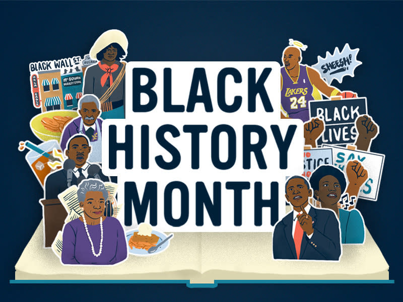 A graphic for "Black History Month" which features prominent Black figures, like Barack Obama, Martin Luther King Jr, and Maya Angelou