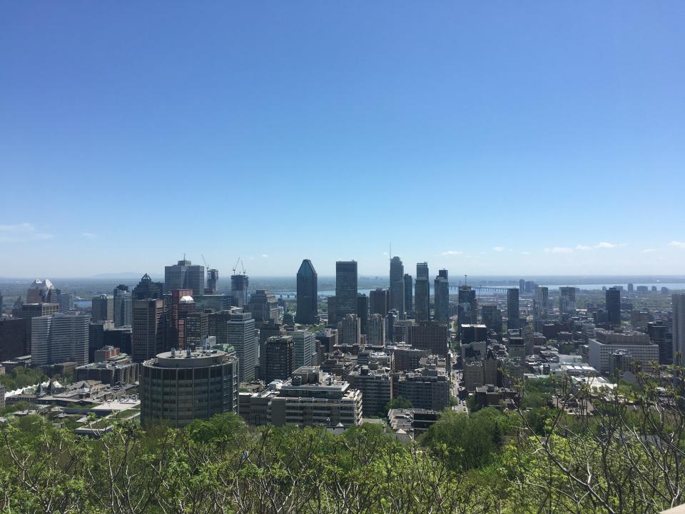 The view from Mont Royal on a spring day in May 2022. Montreal is back to life after two years of strict COVID regulations.