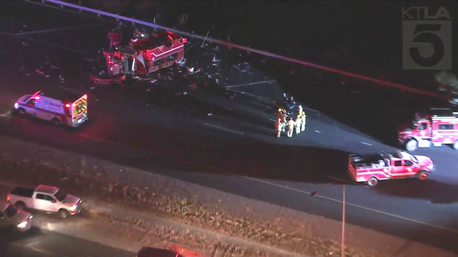 Several patients were flown to the hospital by helicopter after an Orange County Fire Department truck crashed on Freeway 241 on September 19, 2024. (KTLA)