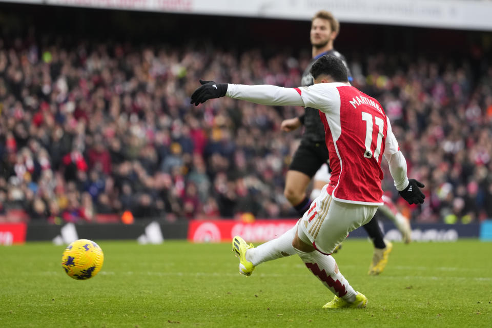 Arsenal's Gabriel Martinelli scores his side's fifth goal during the English Premier League soccer match between Arsenal and Crystal Palace at Emirates Stadium in London, Saturday, Jan. 20, 2024. (AP Photo/Kirsty Wigglesworth)