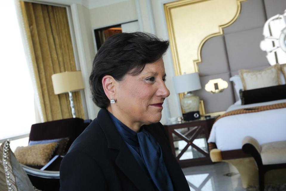 U.S. Secretary of Commerce, Penny Pritzker, speaks during an interview with The Associated Press in Abu Dhabi, United Arab Emirates, Sunday, March 9, 2014. Pritzker is in the Gulf meeting with officials in the United Arab Emirates, Saudi Arabia and Qatar with a message that the United States is open for business. (AP Photo/Kamran Jebreili)