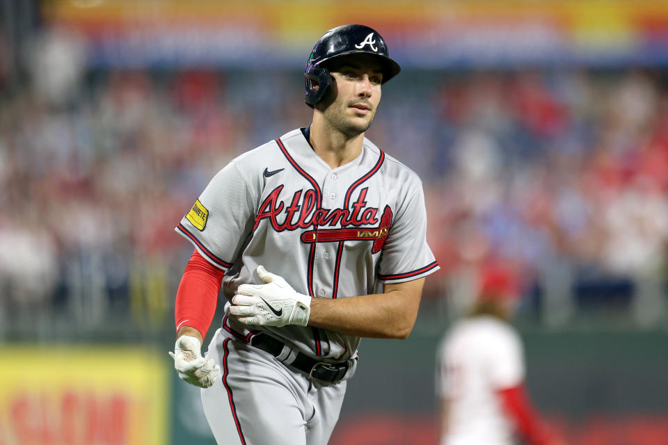 PHILADELPHIA, PENNSYLVANIA - SEPTEMBER 12: Matt Olson #28 of the Atlanta Braves round bases after hitting a solo home run during the fourth inning against the Philadelphia Phillies at Citizens Bank Park on September 12, 2023 in Philadelphia, Pennsylvania. (Photo by Tim Nwachukwu/Getty Images)