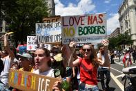 <p>People demonstrate in Washington, D.C., on June 28, 2018, demanding an end to the separation of migrant children from their parents. (Photo: Nicholas Kamm/AFP/Getty Images) </p>