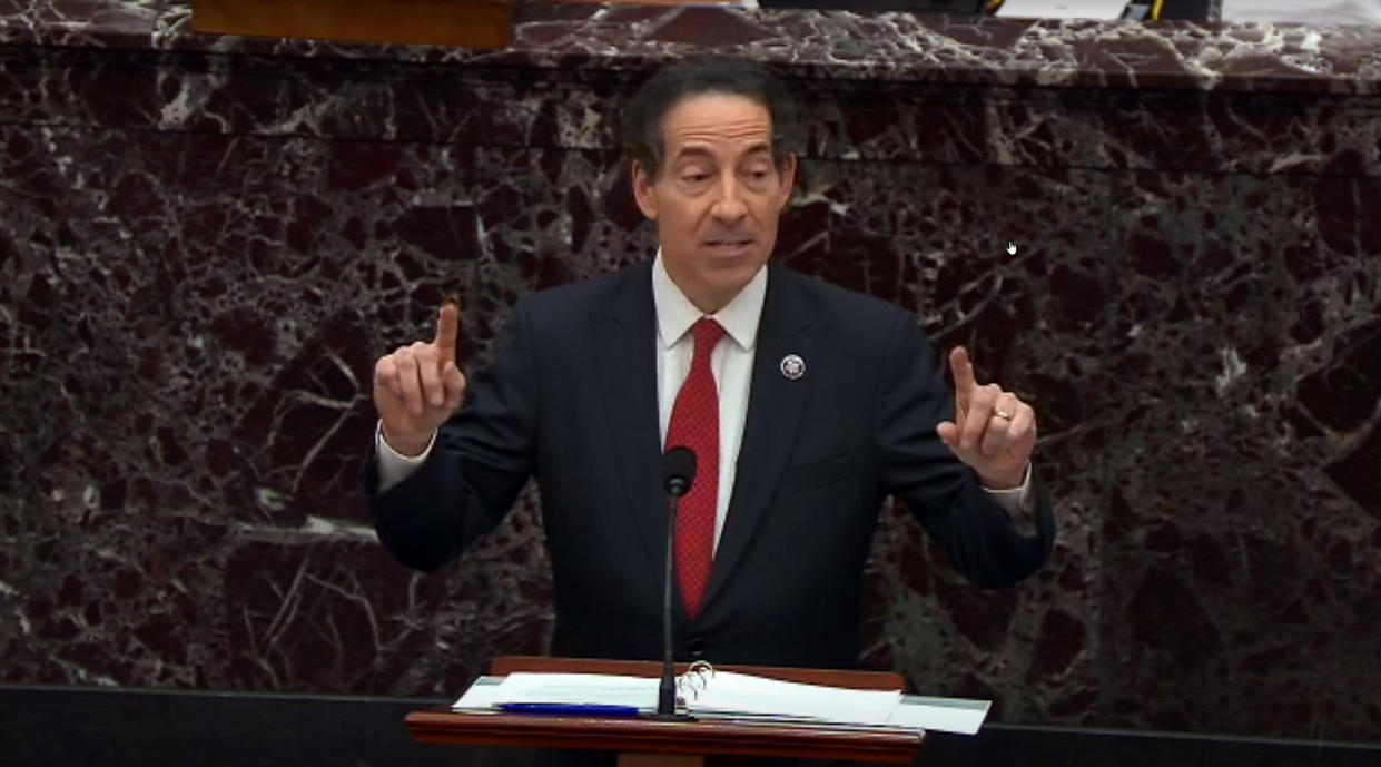 WASHINGTON, DC - FEBRUARY 9: In this screenshot taken from a congress.gov webcast,  Rep. Jamie Raskin (D-MD) – lead manager for the impeachment speaks on the first day of former President Donald Trump's second impeachment trial at the U.S. Capitol on February 9, 2021 in Washington, DC. House impeachment managers will make the case that Trump was “singularly responsible” for the January 6th attack at the U.S. Capitol and he should  be convicted and barred from ever holding public office again. (Photo by congress.gov via Getty Images)