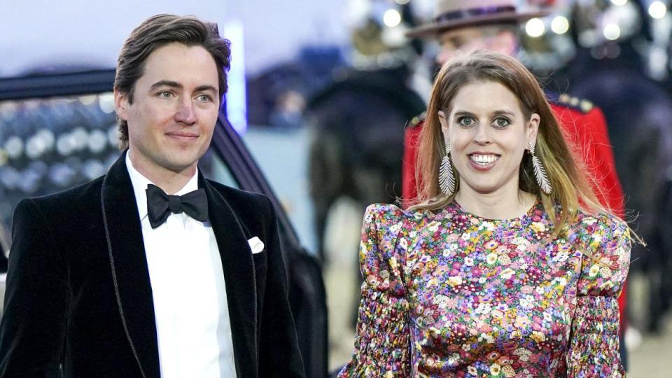 Princess Beatrice arrives with husband Edoardo Mapelli Mozzi during the charity preview night of A Gallop Through History Platinum Jubilee celebration