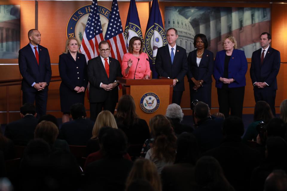 Speaker of the House Nancy Pelosi announces impeachment managers for the articles of impeachment against President Donald Trump on Jan. 15, 2020. (Photo: Yasin Ozturk/Anadolu Agency via Getty Images)