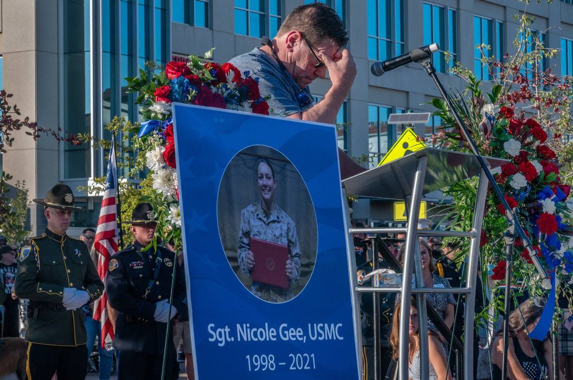 Richard Herrera, whose daughter Marine Sgt. Nicole Gee died in a bombing at Afghanistan’s Kabul airport, takes a moment to collect his thoughts while speaking at a community vigil in her honor in Roseville on Tuesday, Aug. 31, 2021. A 2016 Oakmont High School graduate, Nicole enlisted in the Marines a year after she graduated.